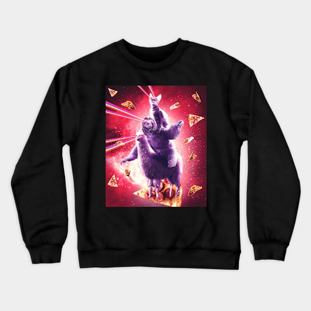 Laser Eyes Space Cat Riding Sloth, Llama - Rainbow Crewneck Sweatshirt by Random Galaxy